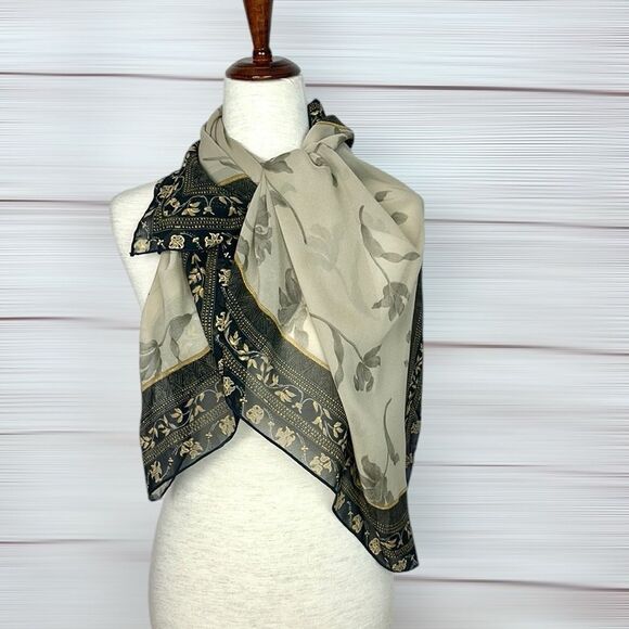 Silk Crepe Square Scarf Taupe Gray Floral Print Hand Rolled 41x41 inches - Picture 5 of 11